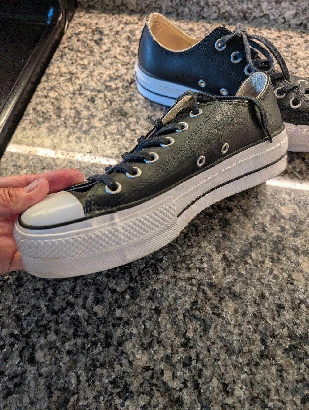 Converse Platform Black Leather Low-Top Sneakers with White Toe Cap Women's 8
